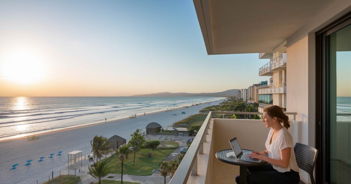 A serene beachfront scene during sunset. A woman is seated on a balcony of a high-rise building, engrossed in her laptop. The balcony overlooks a pristine sandy beach with a few scattered umbrellas and a pathway. On the left, there's a lush green area with trees and a few structures. The vast expanse of the ocean stretches out to meet the setting sun, casting a golden hue over the entire scene.