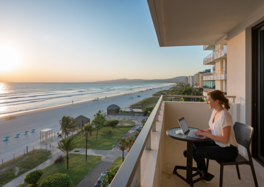 A serene beachfront scene during sunset. A woman is seated on a balcony of a high-rise building, engrossed in her laptop. The balcony overlooks a pristine sandy beach with a few scattered umbrellas and a pathway. On the left, there's a lush green area with trees and a few structures. The vast expanse of the ocean stretches out to meet the setting sun, casting a golden hue over the entire scene.